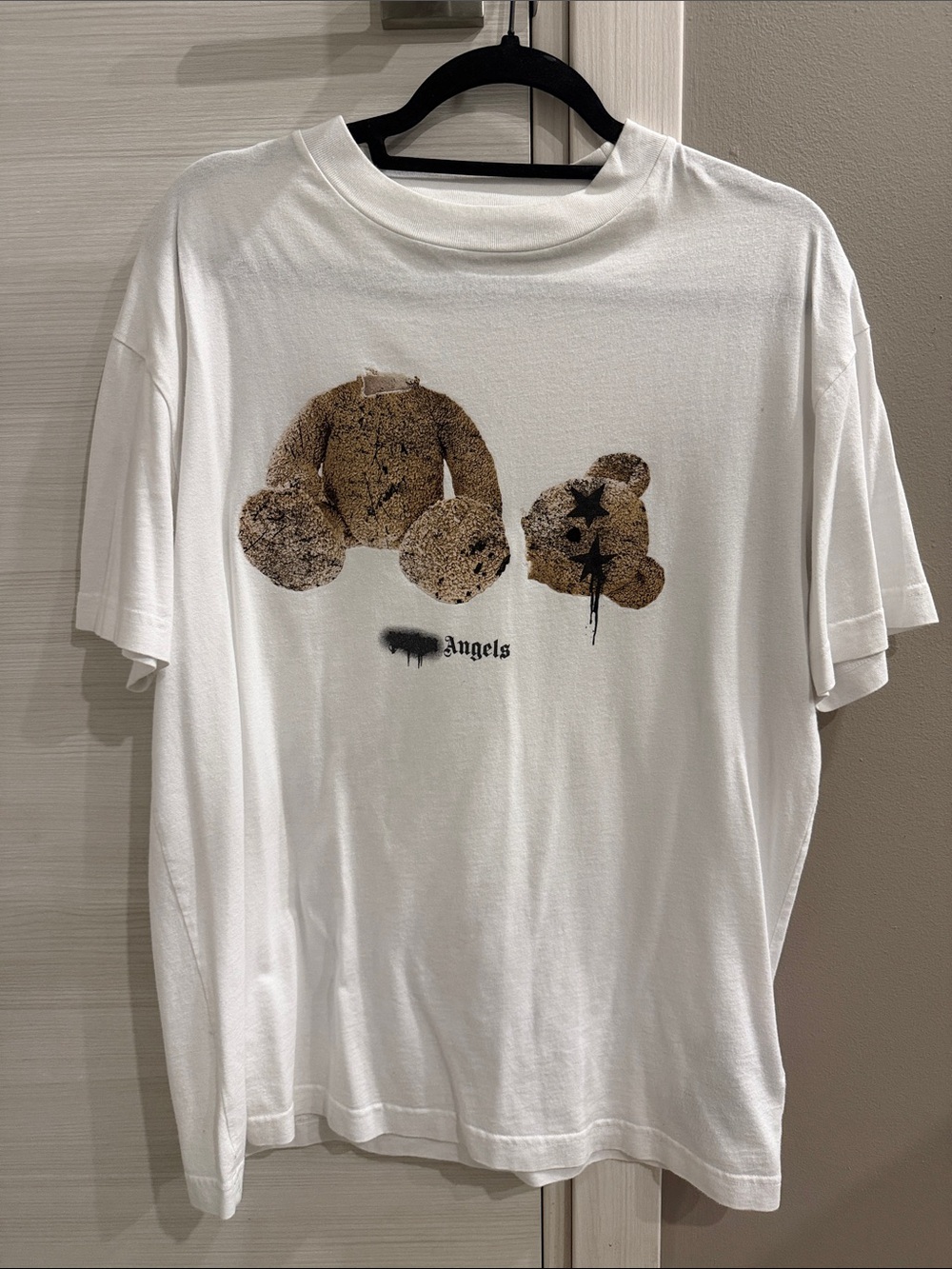 Palm Angels White Tee with Distressed Brown Teddy Graphic